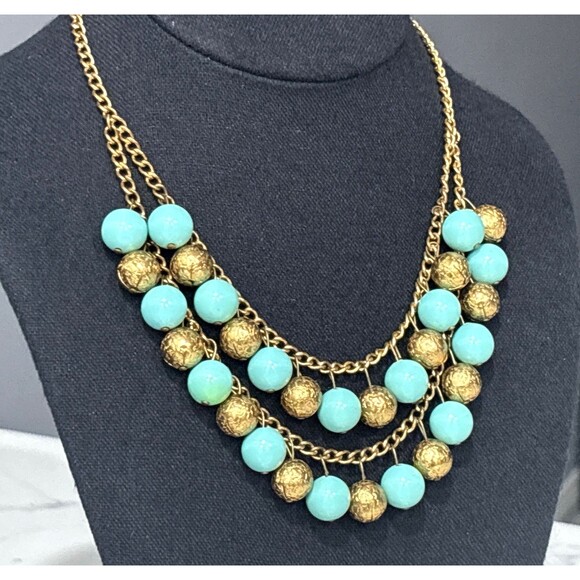 Vintage Gold Tone Necklace Blue Bead Dangle Statement Chunky Bib Multistrand 16" - Picture 4 of 9